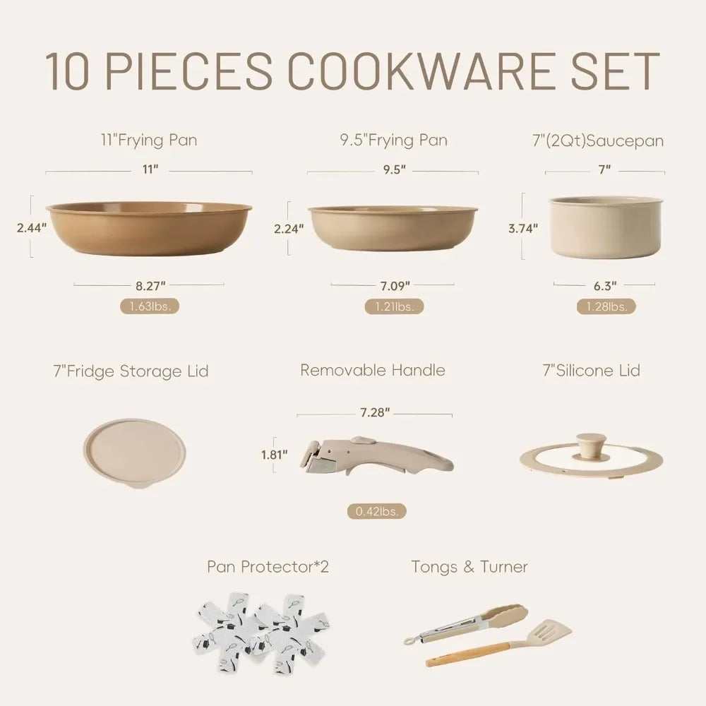 CAROTE 10-Piece Non-Stick Detachable Handle Pots and Pans Set - Taupe