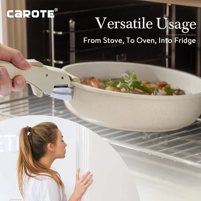 CAROTE 23-Piece Nonstick Detachable Handle Pots and Pans Cookware Set - White Granite
