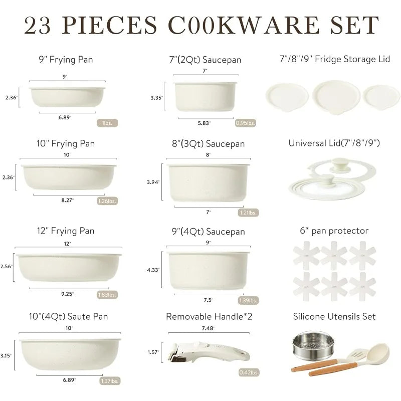 CAROTE 23-Piece Nonstick Detachable Handle Pots and Pans Cookware Set - White Granite