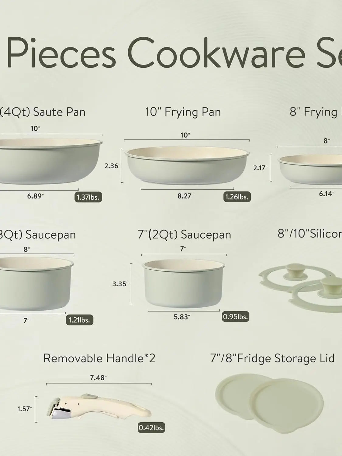 CAROTE 11-Piece Nonstick Cookware Set with Detachable Handles  - Greige Beige