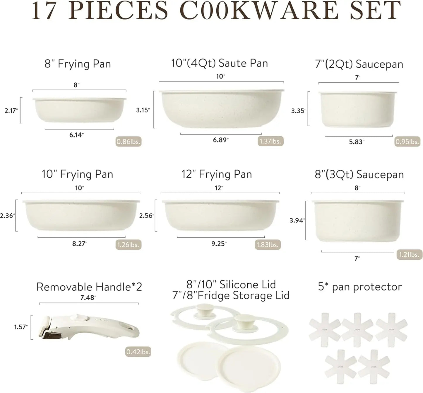 CAROTE 17-Piece Nonstick Cookware Set with Detachable Handles - White Granite