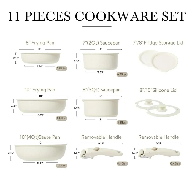 CAROTE 11-Piece Nonstick Cookware Set with Detachable Handles - White Granite